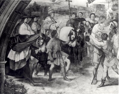 Le Pape Léon I (c.390-461) Repoussant Attila (c.406-453) 1511-14 (détail) - Raffaello Sanzio Raphael